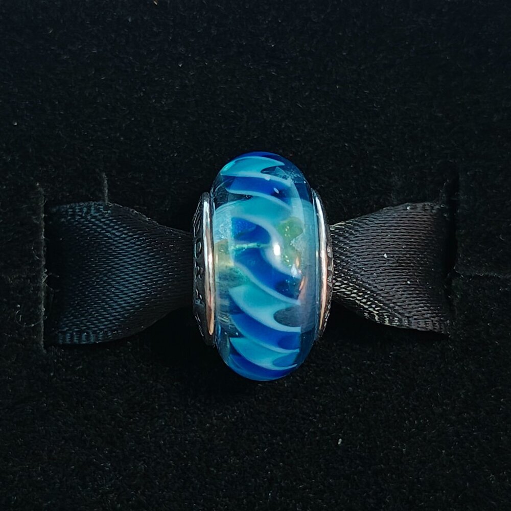 Authentic Pandora Retired Teal and Blue Glass Stripe Murano Glass Charm 790611